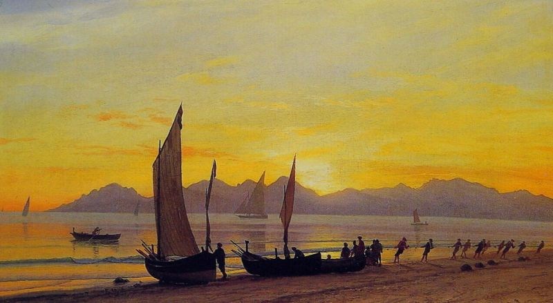 Albert Bierstadt Boats Ashore at Sunset